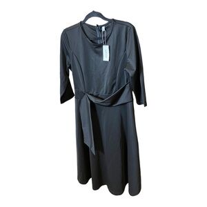 Fenjar Women’s Dress Round Neck 3/4 Sleeve Black Sz L Ruched Belt Full A Line